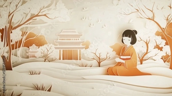Fototapeta A girl wear kimono in sakura garden. Layered paper cut style artwork