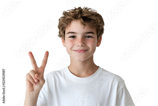 Fototapeta Smiling Boy Victory Sign: A cheerful boy with curly light brown hair shows a peace sign, conveying a sense of positivity, innocence, and playfulness.  His joyful expression is infectious.