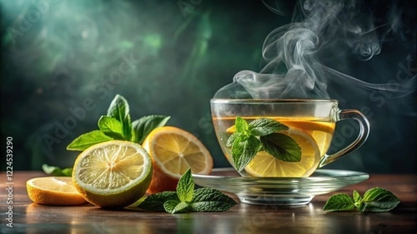 Fototapeta A steaming cup of green tea with a slice of lemon and sprigs of fresh mint leaves floating on its surface