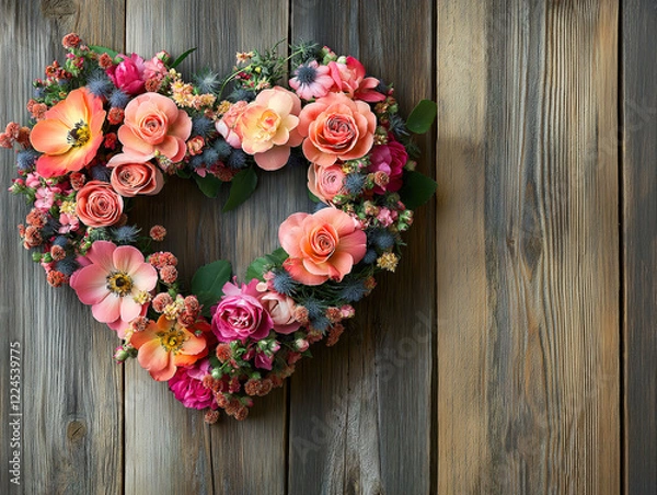 Fototapeta Heart-shaped flowers beautifully arranged on a wooden surface