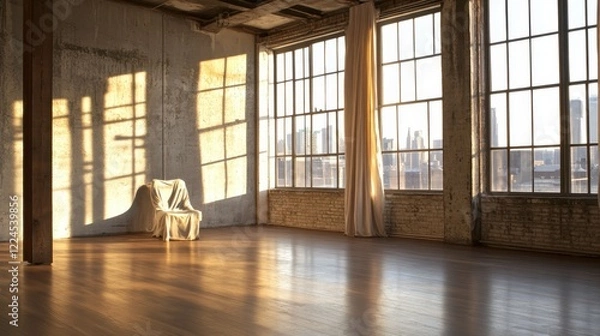 Fototapeta Open loft with exposed concrete walls, sleek wooden floors, and natural light highlighting a cloth chair by the window.