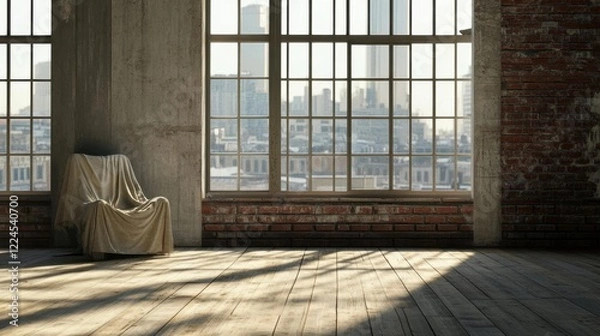 Fototapeta Open-plan loft with minimalist concrete walls, a wooden floor, and a cloth chair near the large window; a calm, inviting space.