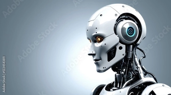 Fototapeta Humanoid Robot Head Profile White Silver Design with Glowing Amber Eyes