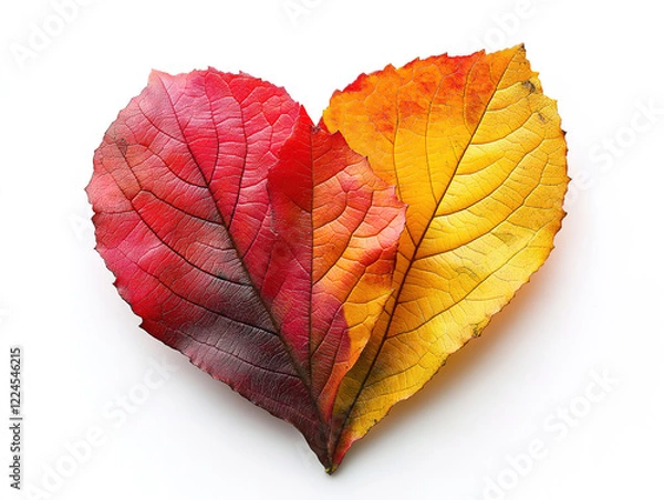 Fototapeta Autumn leaf in a heart shape on a white background with vibrant colors
