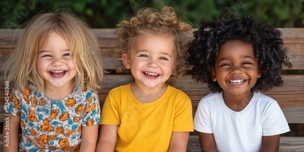 Fototapeta Three young children are sitting on a bench, smiling and laughing. They are wearing yellow shirts and have curly hair. The scene is cheerful and lighthearted