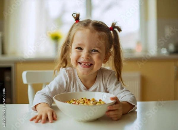 Obraz Little Girl Enjoys Breakfast Cereal at the Kitchen Table