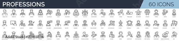 Fototapeta Set of 60 outline icons related to professions.  Linear icon collection. Editable stroke. Vector illustration	