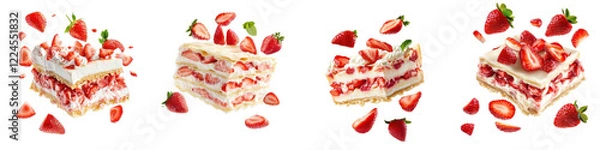 Fototapeta Strawberry lasagna slice flying through the air, showcasing its creamy layers and strawberry pieces, isolated on white background. Mix Collection Png.