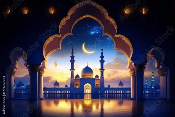 Fototapeta Majestic view of an ornate archway revealing a serene twilight scene with a glowing crescent moon over a grand mosque in a tranquil atmosphere