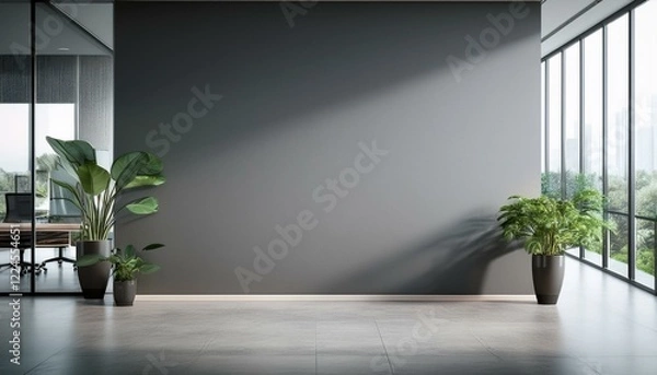 Fototapeta Modern empty grey wall in a spacious office interior with plants and large windows. 3D Rendering
