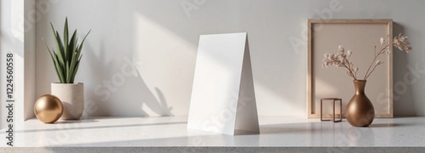 Fototapeta Folded card mockup on minimalist table with plant and vase