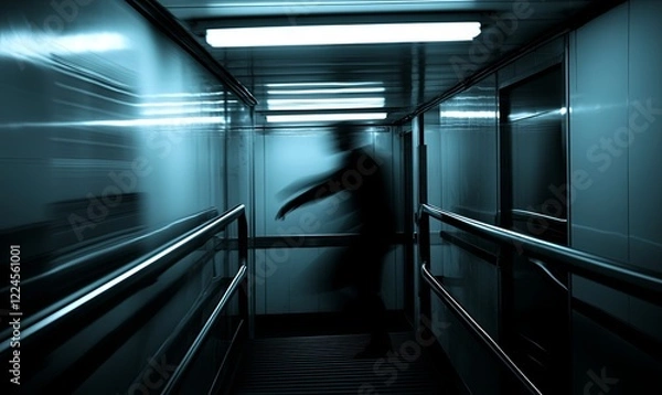 Fototapeta Blurred figure in dark, metallic hallway, motion blur, mystery, thriller concept