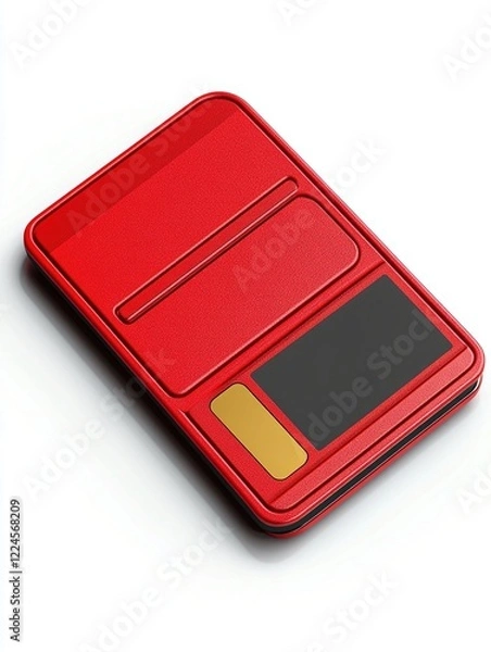 Fototapeta Red portable device, sleek design, white background, technology concept