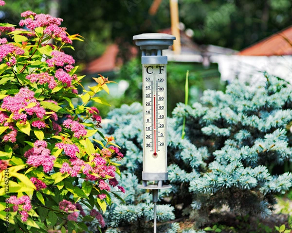 Obraz Modern stylish outdoor thermometer in summer garden. Closeup.