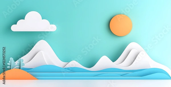 Fototapeta Landscape with mountains and sea waves in paper cut style