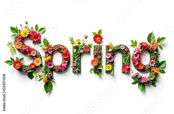 Fototapeta Colorful spring lettering created with flowers and green leaves on a white background -