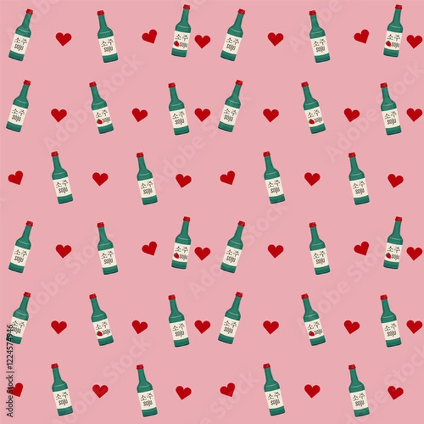 Obraz Flat-style seamless pattern featuring soju bottles and red hearts on a pink background. Perfect for designs celebrating Korean culture, love-themed events, or unique branding projects.