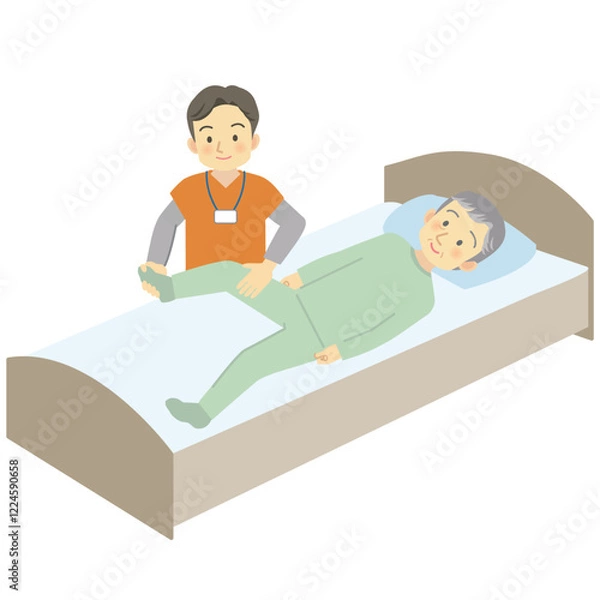 Obraz 訪問看護のサービス内容＿ベットの上で受けるリハビリテーション中のカットイラスト
