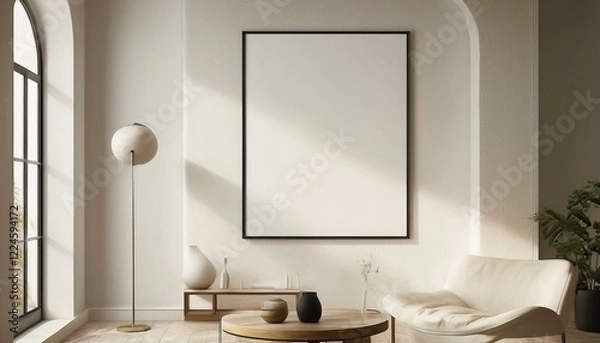 Fototapeta Frame mockup, ISO A paper size. Living room wall poster mockup. Interior mockup with house background. Modern interior design. 3D render
 Image