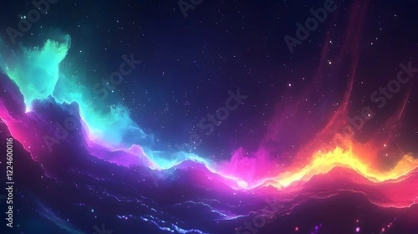 Obraz This image showcases a breathtaking cosmic scene reminiscent of a nebula. The colors transition smoothly from green and blue on the left to pink, purple, and orange on the right. Small, scattered star