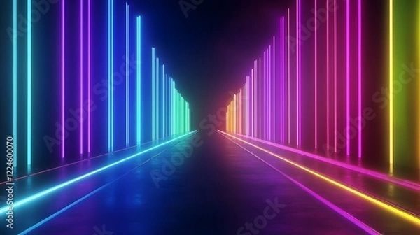Obraz A vibrant and futuristic scene with a series of colorful neon lines creating a tunnel-like structure. The bright neon lights illuminate the dark background, creating a dynamic and eye-catching composi