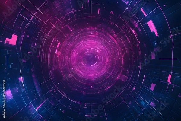 Obraz A mesmerizing abstract digital artwork depicting a swirling tunnel of glowing pink and blue lines and particles against a dark background. The composition creates a sense of depth and dimension, evoki