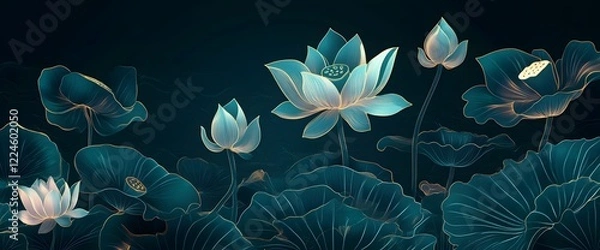 Obraz A serene and elegant illustration of lotus flowers in a dark teal and gold color palette. The delicate blooms and leaves create a sense of peace and tranquility, making it perfect for projects related