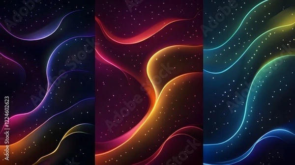 Obraz A mesmerizing collection of three abstract digital artworks featuring vibrant neon lines and glowing waves. Each image creates a sense of depth and dimension, evoking a futuristic