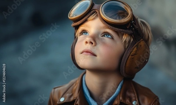 Fototapeta Young Aviator Boy with Goggles and Leather Flight Jacket, Close-Up Portrait, Dreaming of Flying, Inspiring Childhood Adventure, Bright Eyes and Freckles, Outdoors Daylight, Aspiring, Generative AI