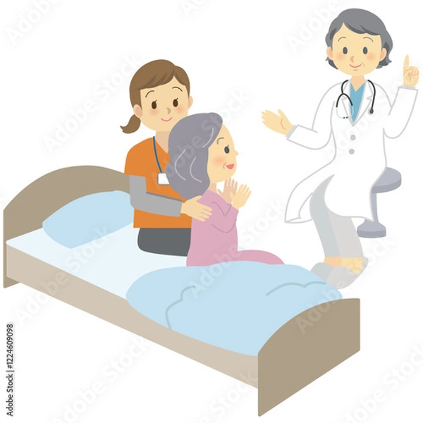 Obraz 訪問看護のサービス内容＿病状・全身状態の観察、病状の観察・医師との連携のカットイラスト
