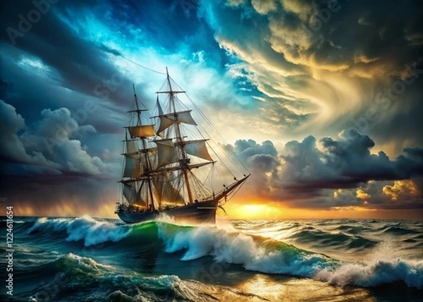 Fototapeta Dramatic Sailing Ship Battling Stormy Seas, Epic Ocean Waves, Copy Space