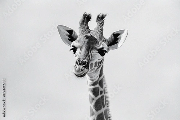 Fototapeta Majestic giraffe portrait against a soft gray background, showcasing its unique features and serene expression