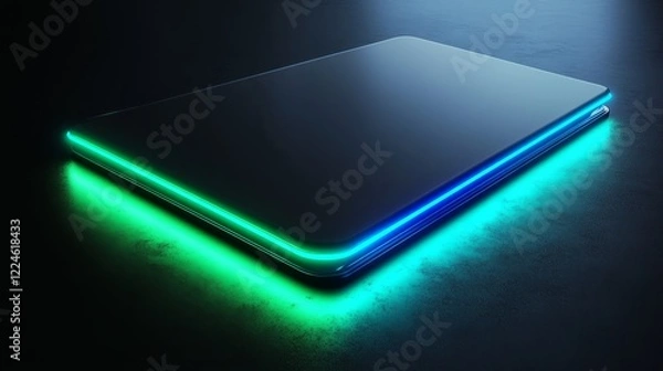 Fototapeta Futuristic business card background with glowing neon lines in blue and green on a sleek black surface 