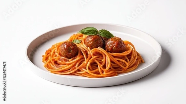 Fototapeta Delicious spaghetti topped with meatballs, garnished with fresh