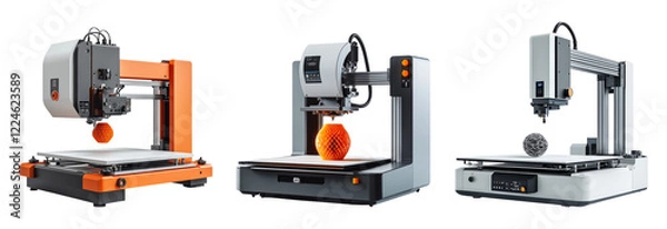 Fototapeta Three modern 3D printers showcasing different designs and features