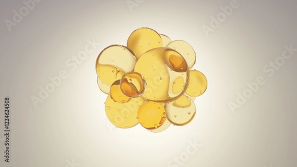 Fototapeta Cosmetic 3d Golden liquid bubbles on a bright background. Collagen bubbles Design. Moisturizing Cream and Serum Concept. Vitamin for personal care and beauty concept. 