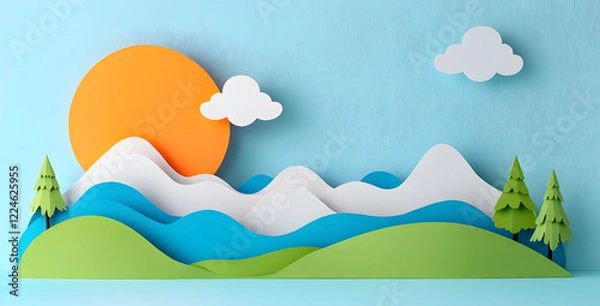 Fototapeta Landscape with mountains and sea waves in paper cut style