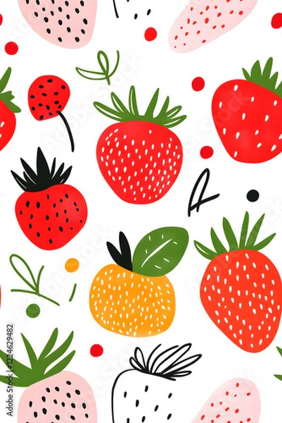 Fototapeta Hand-drawn seamless pattern with cute strawberry