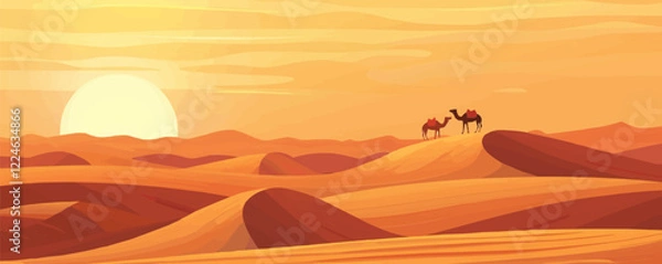 Fototapeta Desert sunset vector with camels on sand dunes in abstract landscape.