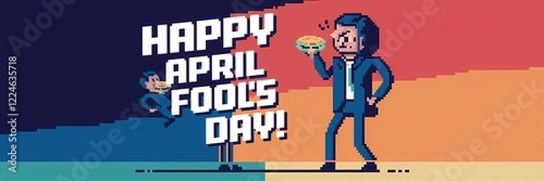 Fototapeta A minimalist April Fool's Day poster design with a pixel theme. The poster has a large text that says "Happy April Fool's Day!". There is a pixel-art person with a pie in their face