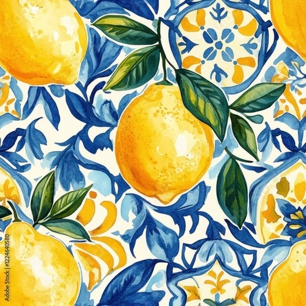 Fototapeta Lemons, blue tile pattern, summer fruit, vibrant design, fabric print