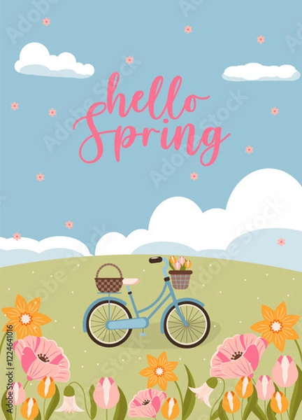 Obraz Flat-style illustration of a vintage bicycle with baskets full of flowers in a blooming spring meadow. The scene features colorful tulips, daisies, rolling green hills, a clear sky, and cheerful "Hell