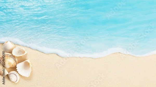 Fototapeta Serene beach scene with seashells on golden sand, gentle waves lapping at the shore under clear skies