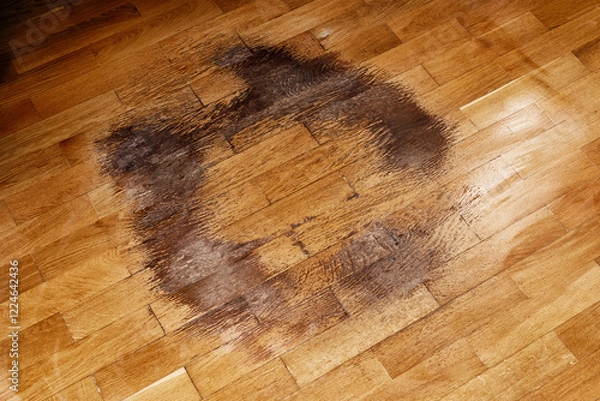 Obraz Old wooden parquet with visible signs of moisture and wear. Darkened areas, stains and wood texture create an atmosphere of abandonment and time that has left its mark.