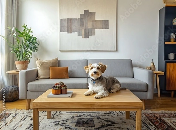 Fototapeta A contemporary Scandinavian living room with a sleek gray sofa, a wooden coffee table, and a charming dog sitting on the couch