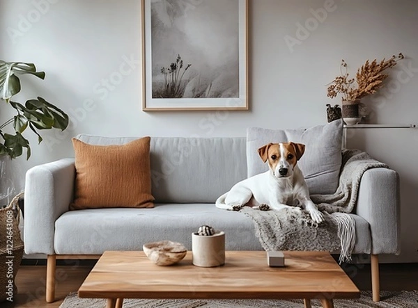 Fototapeta A contemporary Scandinavian living room with a sleek gray sofa, a wooden coffee table, and a charming dog sitting on the couch