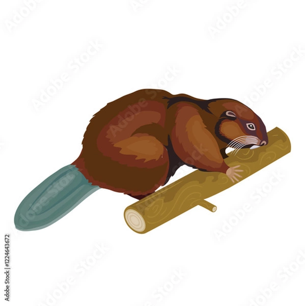 Fototapeta beaver gnawing a piece of wood, isolated object on white background, vector illustration,