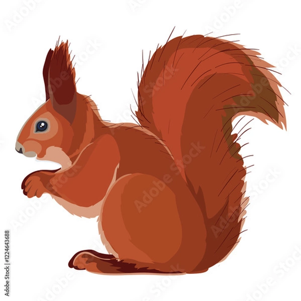 Fototapeta red squirrel sits sideways to us, isolated object on white background, vector illustration,