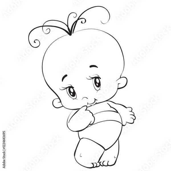 Fototapeta Printsketch, baby standing in a diaper and with three hairs on his head, coloring, isolated object on a white background, vector illustration, eps