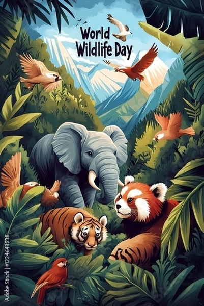 Fototapeta Illustration of jungle wildlife with an elephant, tiger, red panda, and birds among lush greenery celebrating nature